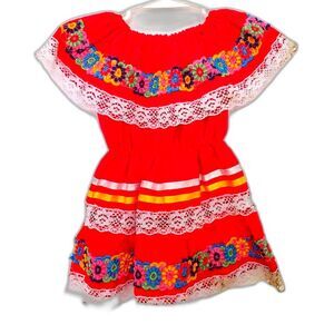 Spring Dress Red with white lace flowers ribbon in yellow and white